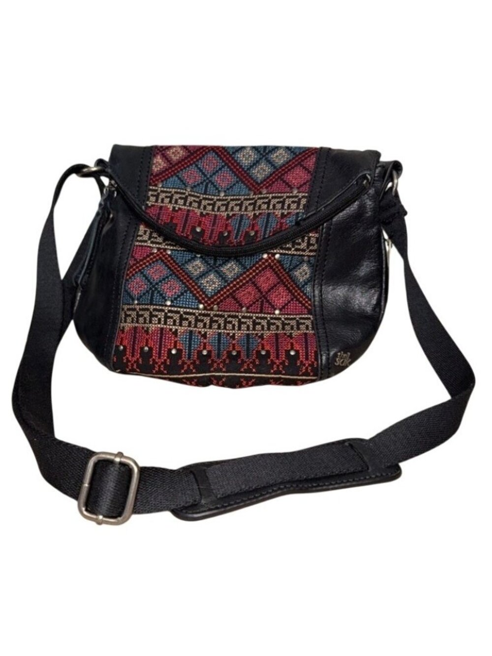 The Sak Black Leather Crossbody Purse Bohemian Aztec Embroidered Festival Boho